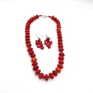 Red Coral Beaded Necklace and Dangle Earring Jewelry Set Southwestern Boho
